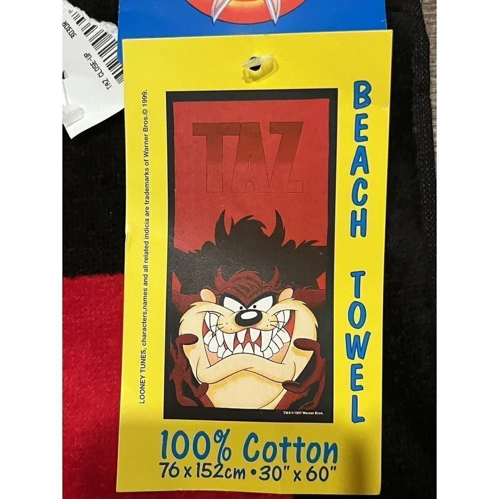 NWT Vintage 1999 Looney Tunes Beach Bath Towel Taz Tasmanian Devil Red Black